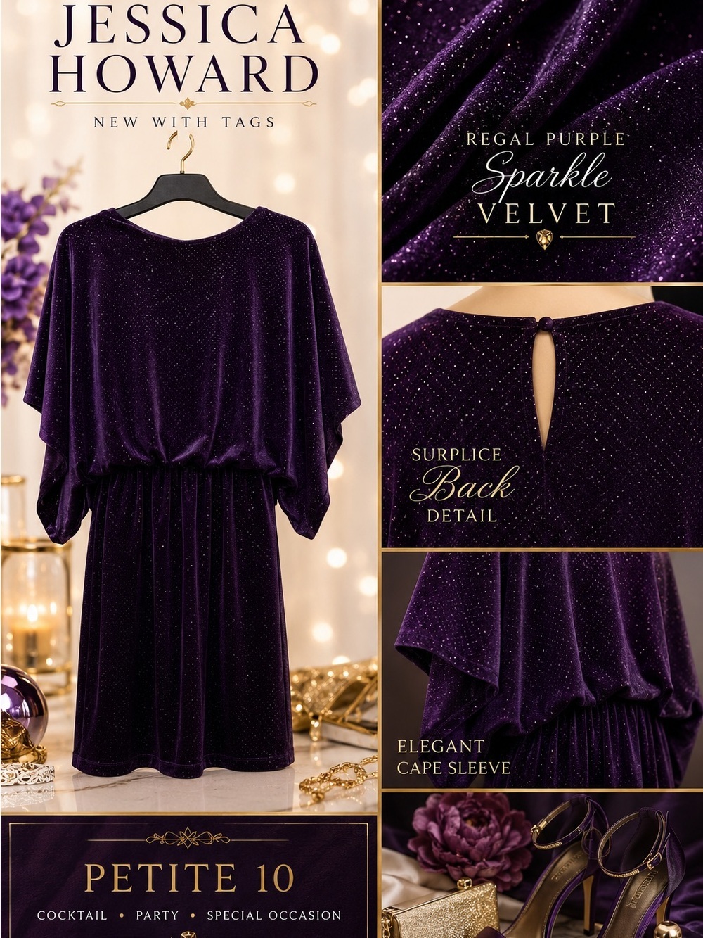 NWT Jessica Howard Purple Glitter Velvet Cocktail Dress Petite 10 Cape Sleeve - Picture 2 of 15